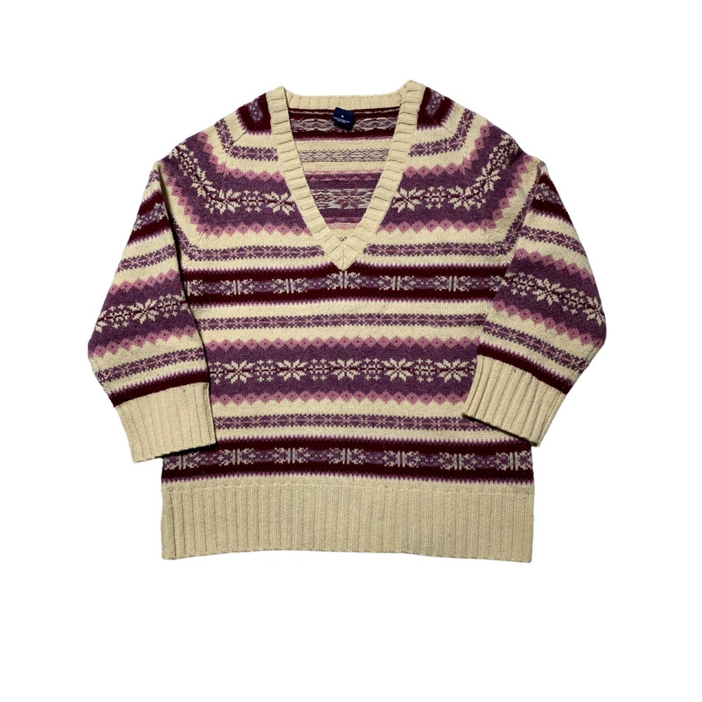 Gap Womens M Ivory & Pink 100% Lambs Wool V-Neck Patterned Knit Sweater
